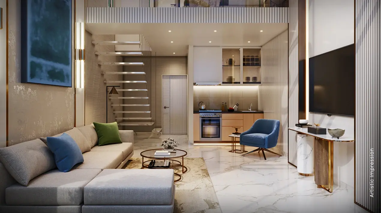 M3M 57th Suites – double-height living area with mezzanine stair (artist's impression)