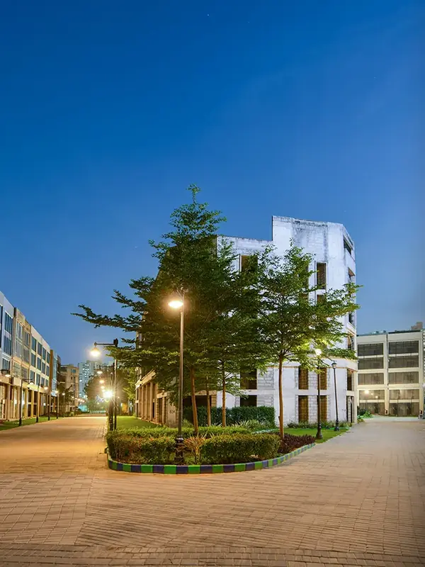 M3M 84 Market – completed SCO buildings along a landscaped street