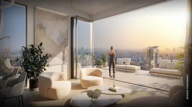 M3M Altitude – living room opening onto the deck (artist's impression)