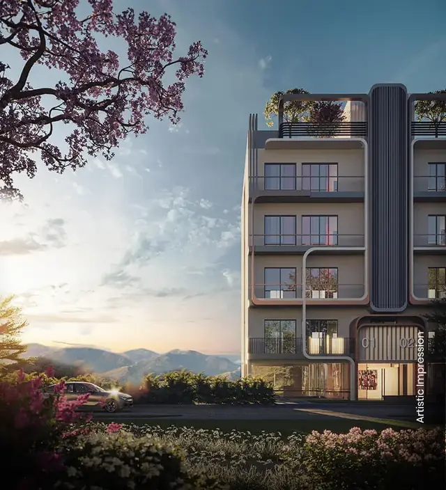M3M Antalya Hills – block elevation with private terrace, hills in the background (artist's impression)
