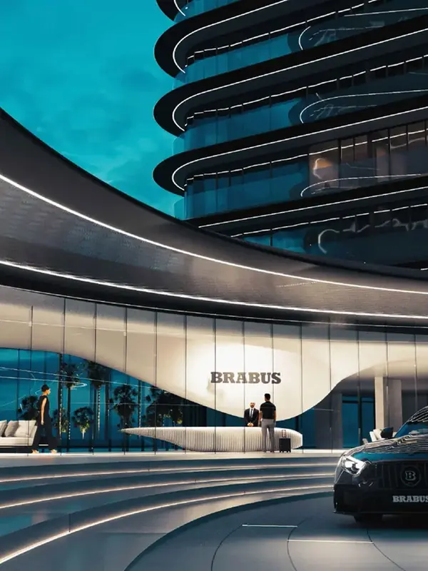 M3M Brabus Residences – tower and BRABUS-branded arrival court at dusk (artist's impression)