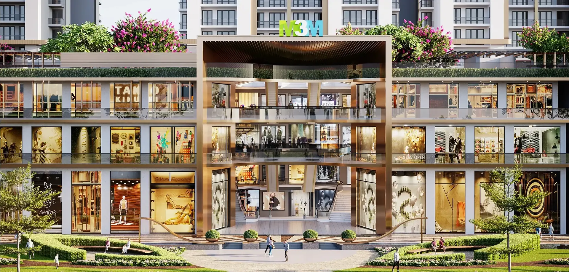 M3M Capital Walk – double-height shopfronts with M3M Capital towers behind (artist's impression)