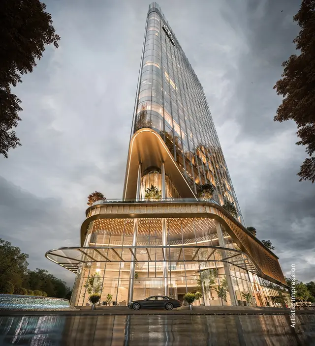 M3M CFC – grand arrival canopy at the tower base (artist's impression)