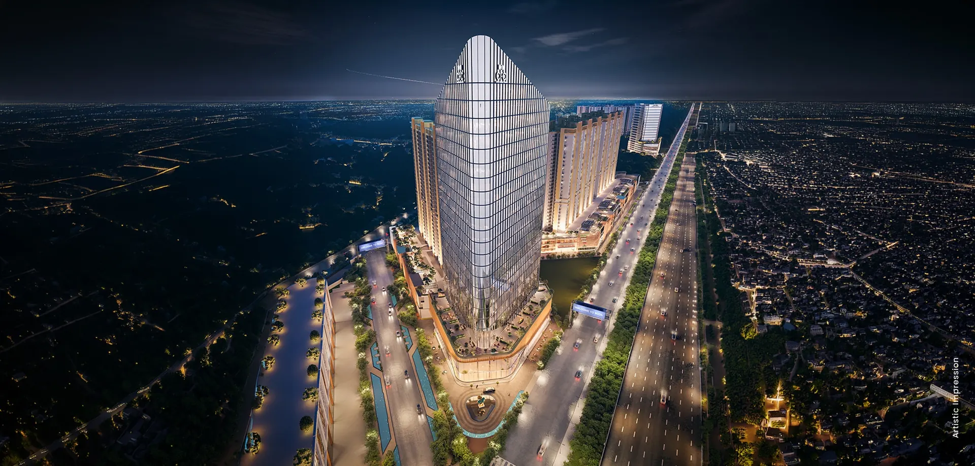 M3M CFC – night aerial of the tower on Dwarka Expressway (artist's impression)