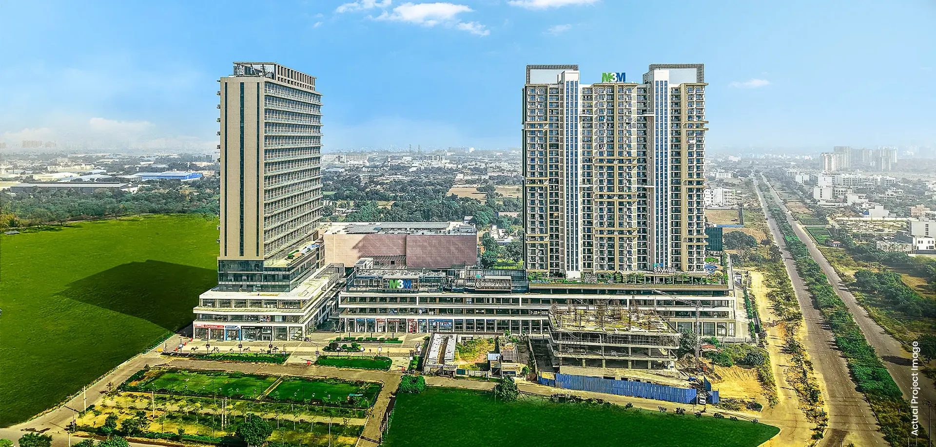 M3M Corner Walk – aerial view of the completed retail block, office tower and residential tower