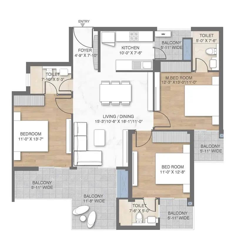 3 BHK – 1,665 sq.ft floor plan, M3M Crown