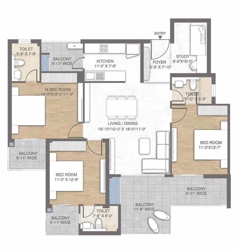 3 BHK + Study – 1,895 sq.ft floor plan, M3M Crown