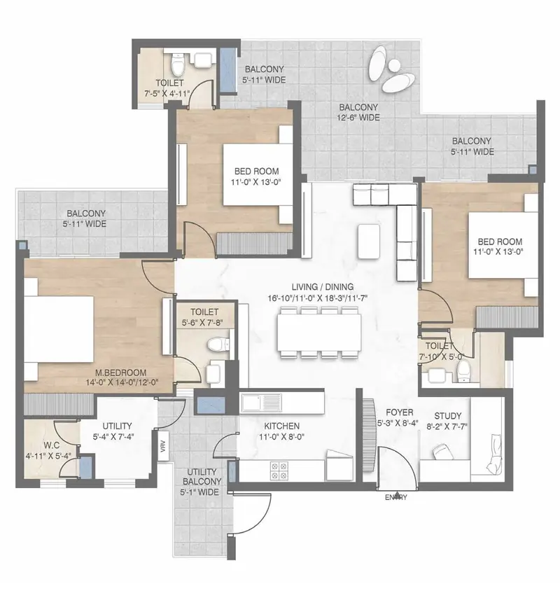 3 BHK + Study + Servant – 2,170 sq.ft floor plan, M3M Crown