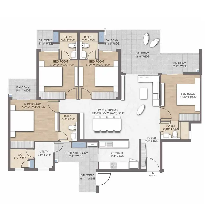 4 BHK + Servant – 2,400 sq.ft floor plan, M3M Crown