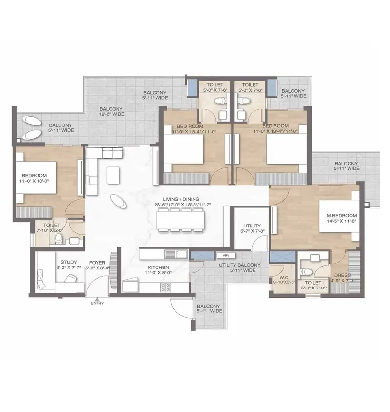 4 BHK + Study + Servant – 2,670 sq.ft floor plan, M3M Crown