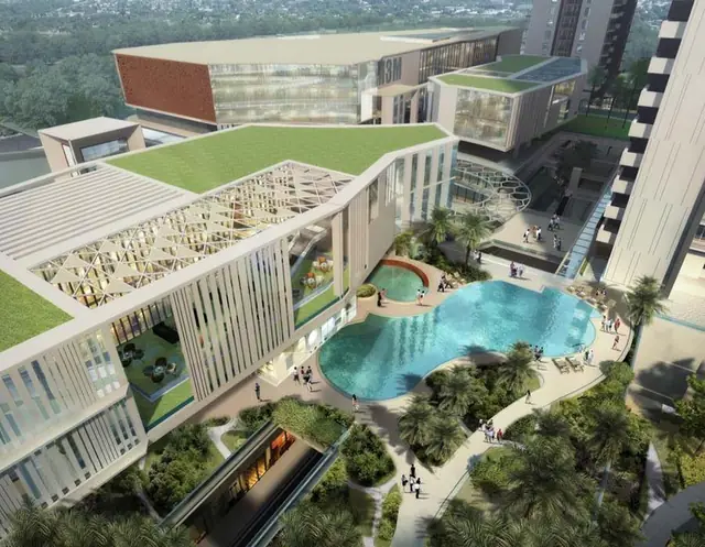 M3M Duo High – aerial view of the podium clubhouse and pool (artist's impression)