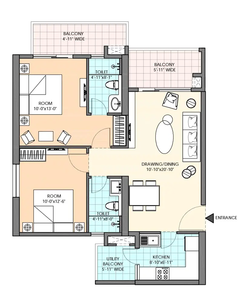 2 BHK – 1,261 sq.ft (Tower 6) floor plan, M3M Duo High