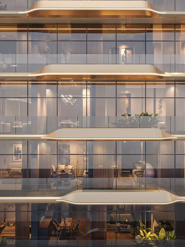 M3M Residences by Elie Saab – tower facade with deep glass balconies at dusk (artist's impression)