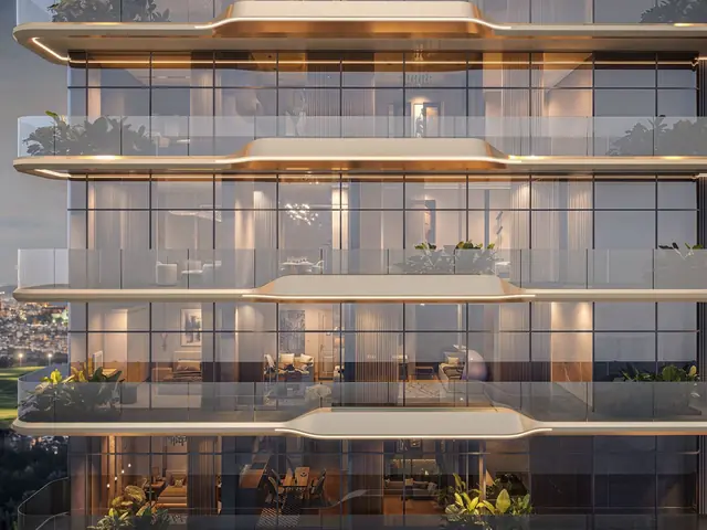 M3M Residences by Elie Saab – tower facade with deep glass balconies at dusk (artist's impression)