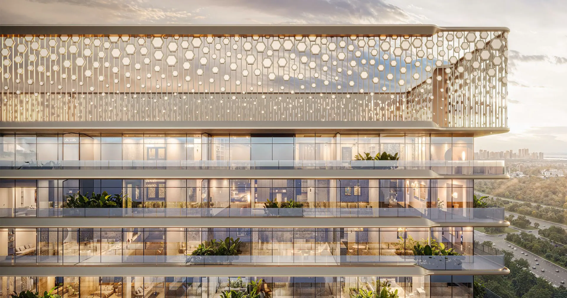 M3M Residences by Elie Saab – upper facade with perforated backlit crest and glass balconies (artist's impression)