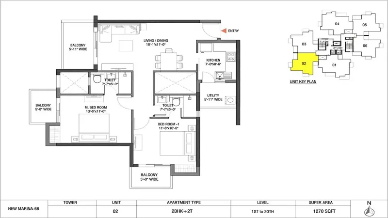 2 BHK + 2T – 1,270 sq.ft floor plan, M3M Flora 68