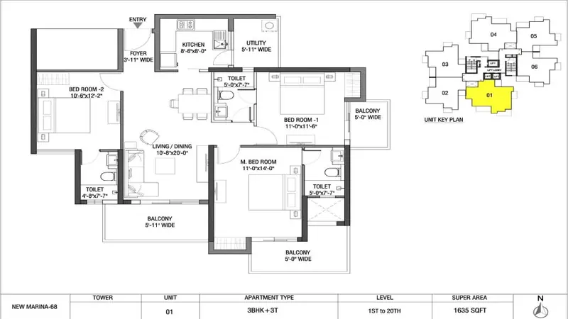 3 BHK + 3T – 1,635 sq.ft floor plan, M3M Flora 68