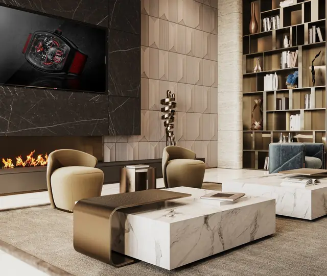 M3M Franck Muller Residences – living lounge with fireplace: Artistic impression of the Franck Muller branded residences in Dubai, shown for brand reference only – not a depiction of M3M Franck Muller Residences, Gurgaon