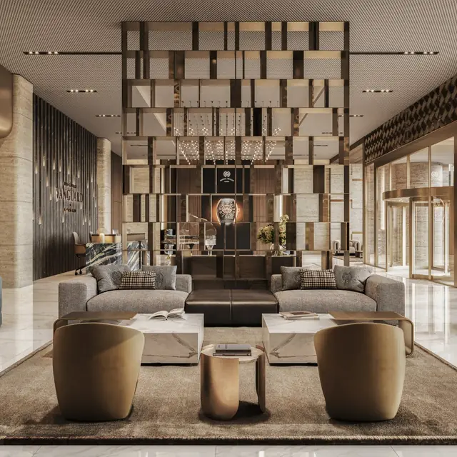M3M Franck Muller Residences – lobby lounge: Artistic impression of the Franck Muller branded residences in Dubai, shown for brand reference only – not a depiction of M3M Franck Muller Residences, Gurgaon