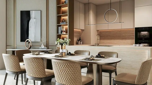 M3M Franck Muller Residences – dining and kitchen: Artistic impression of the Franck Muller branded residences in Dubai, shown for brand reference only – not a depiction of M3M Franck Muller Residences, Gurgaon