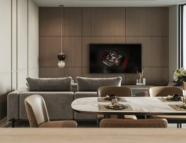 M3M Franck Muller Residences – living and dining: Artistic impression of the Franck Muller branded residences in Dubai, shown for brand reference only – not a depiction of M3M Franck Muller Residences, Gurgaon
