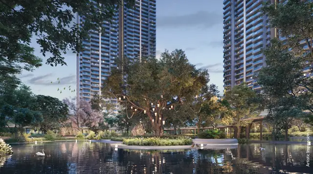 M3M Forestia West at GIC – towers beside a landscaped lake (artist's impression)