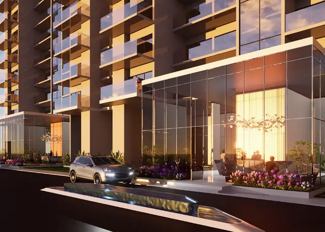 GIC residences – tower drop-off and lobby at dusk (artist's impression)