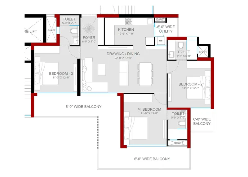 3.5 BHK – 1,900 sq.ft floor plan, M3M Gurgaon International City (GIC)