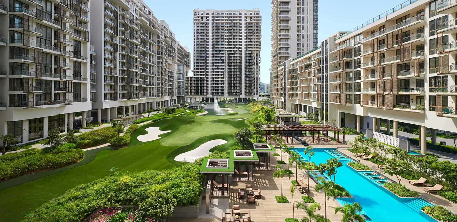 M3M Golf Estate – towers around the golf greens and pool deck