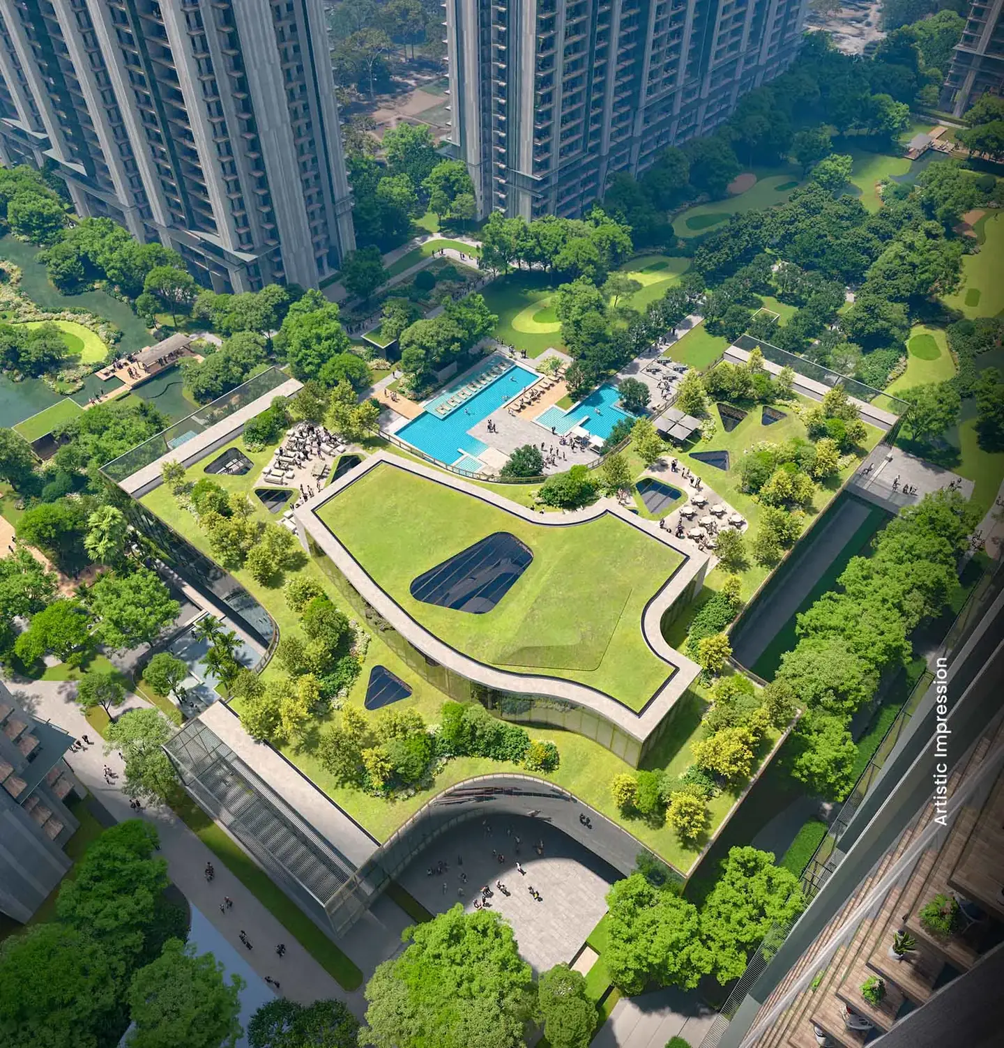 M3M Golf Hills – aerial view of the central greens and club (artist's impression)