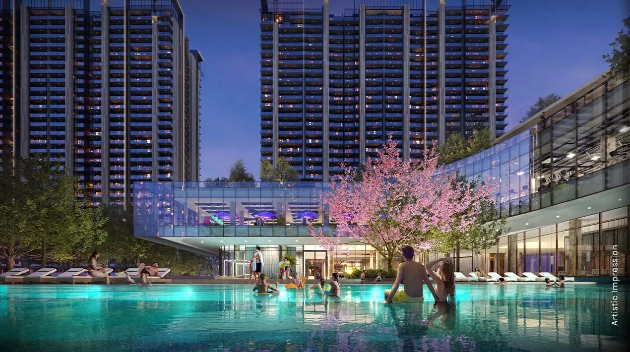 M3M Golf Hills – towers and Club Infinity beside the pool at dusk (artist's impression)
