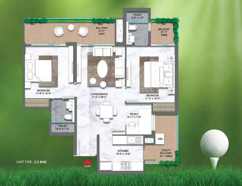 2.5 BHK – 1,420 sq.ft floor plan, M3M Golf Hills