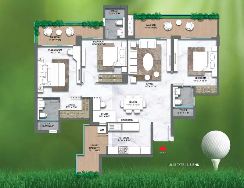 3.5 BHK – 1,950 sq.ft floor plan, M3M Golf Hills