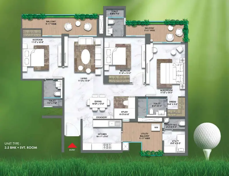3.5 BHK + SQ – 2,150 sq.ft floor plan, M3M Golf Hills