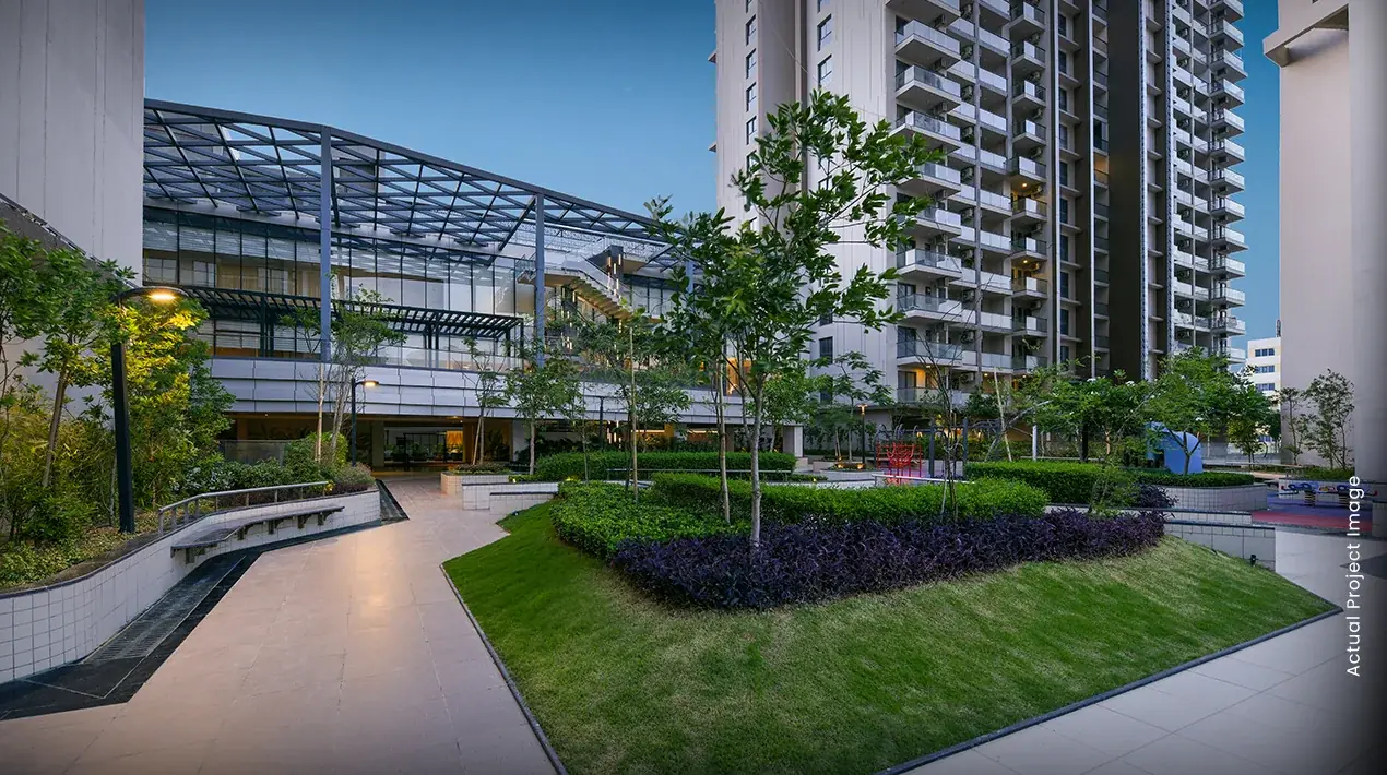 M3M Heights – landscaped podium walkway (actual photograph)