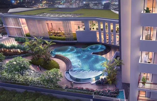 M3M Heights – podium clubhouse and pool at night (artist's impression)