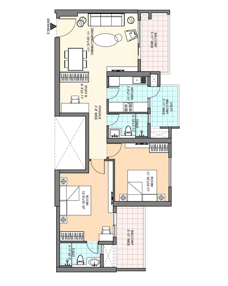 2 BHK – 1,433 sq.ft (Tower 1 & 6) floor plan, M3M Heights