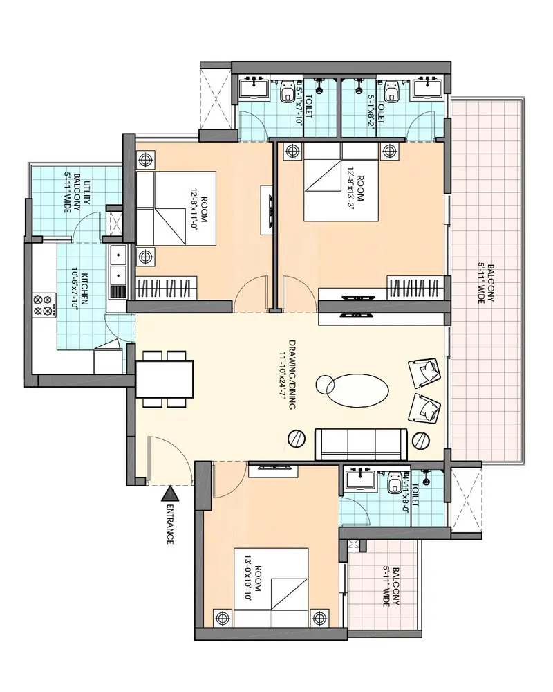 3 BHK – 1,828 sq.ft (Tower 2, 3, 4 & 5) floor plan, M3M Heights