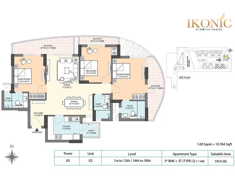 3 BHK + 3T – 1,914 sq.ft floor plan, M3M Ikonic