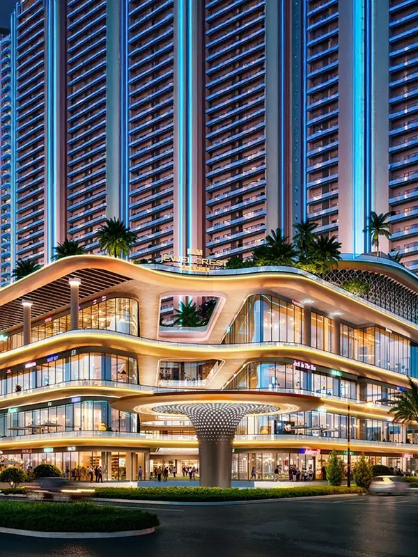 M3M Jewel Crest Avenue, curved retail podium with residential towers behind (artist's impression)