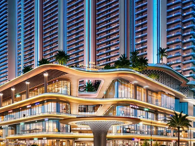 M3M Jewel Crest Avenue, curved retail podium with residential towers behind (artist's impression)