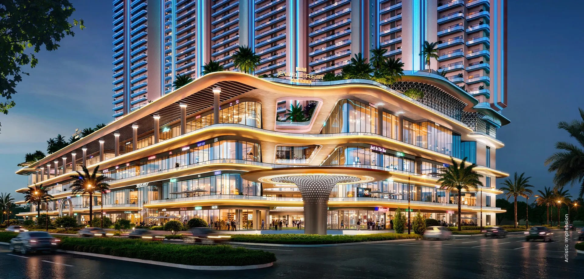 M3M Jewel Crest Avenue, five-level curved retail podium below residential towers at night (artist's impression)