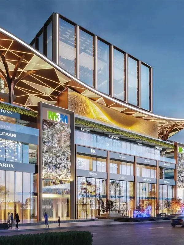 M3M Jewel – corner view of the retail facade lit up at dusk (artist's impression)