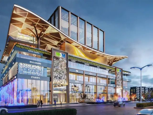 M3M Jewel – corner view of the retail facade lit up at dusk (artist's impression)