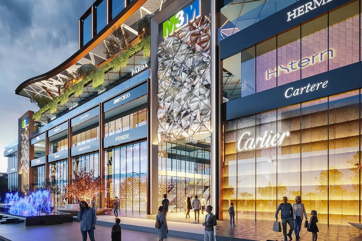M3M Jewel – double-height glass shopfronts along the plaza (artist's impression)