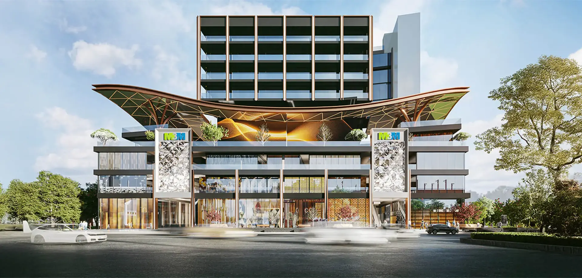 M3M Jewel, MG Road Gurgaon – front elevation with the sculpted canopy and office block above (artist's impression)