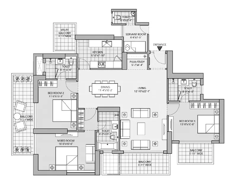3 BHK + SQ – 2,499 sq.ft (Type 01) floor plan, M3M Latitude