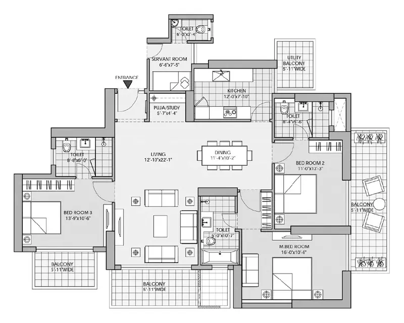 3 BHK + SQ – 2,499 sq.ft (Type 02) floor plan, M3M Latitude