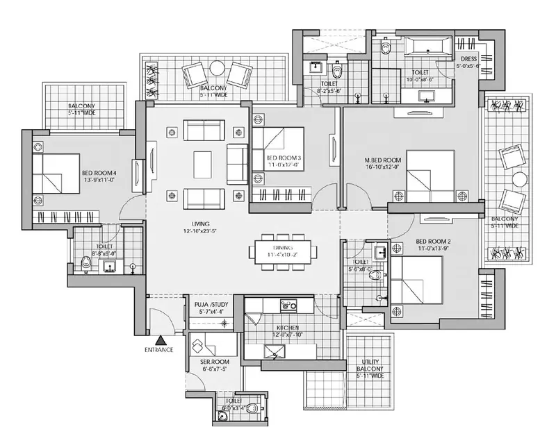 4 BHK + SQ – 2,982 sq.ft (Unit 03) floor plan, M3M Latitude
