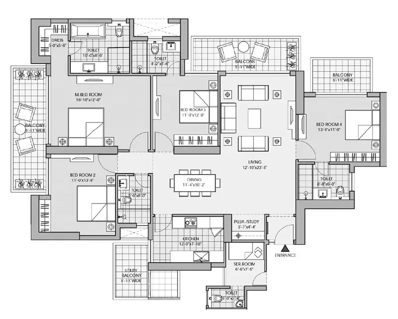 4 BHK + SQ – 2,982 sq.ft (Unit 04) floor plan, M3M Latitude